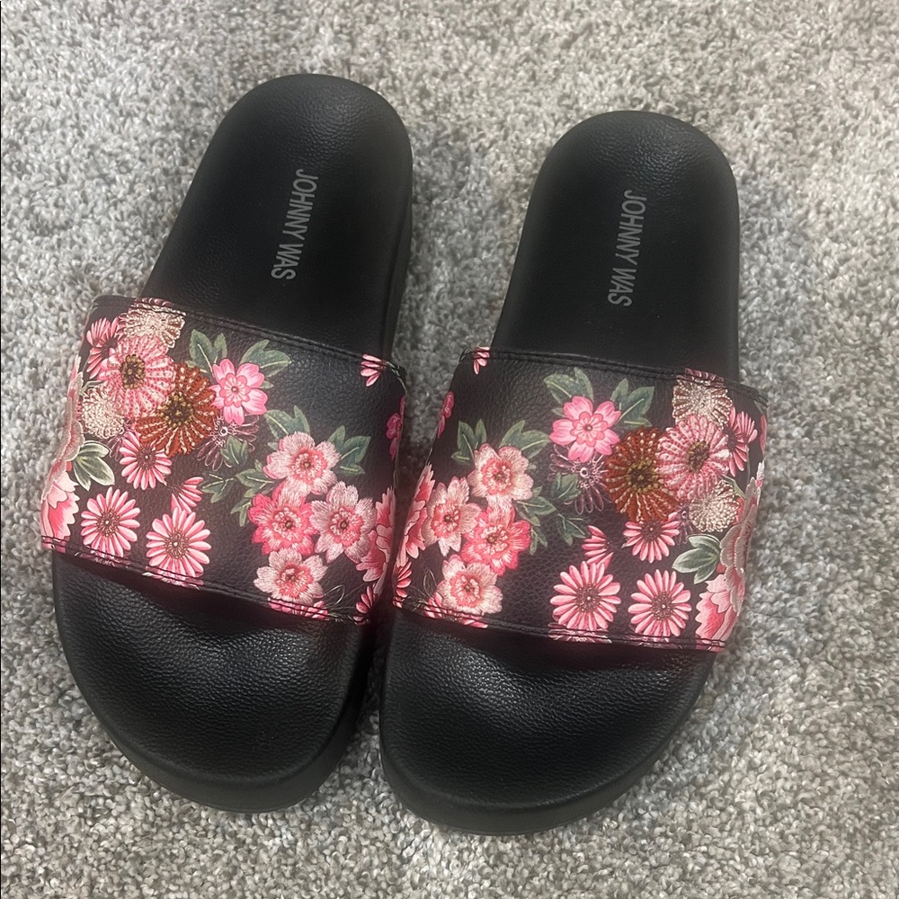 Johnny Was Black Slides with Pink Floral Strap